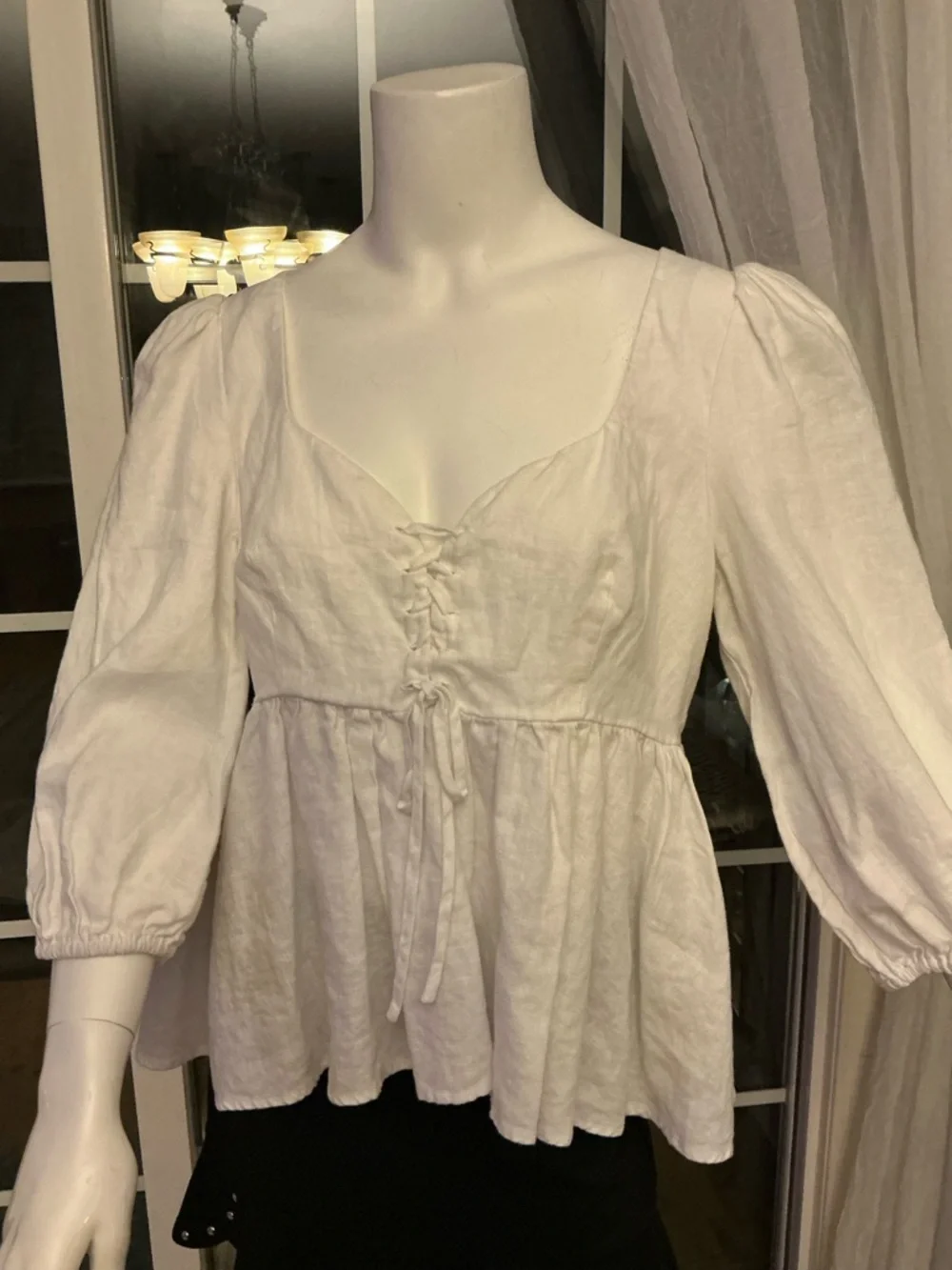 Reformation Linen White Puff-Sleeve Babydoll Top Lace-Up Bodice Boho Size 10